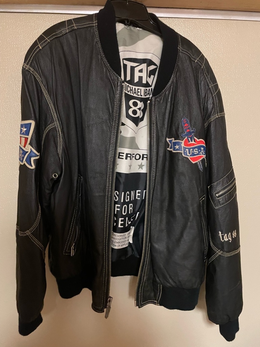 VINTAGE Michael Hoban Black Leather Bomber Jacket with USA Patch Accents 😍